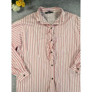 Hunt Club Vintage 80s‎ JcPenney Red Striped Ruffle Front Button Up Shirt Medium